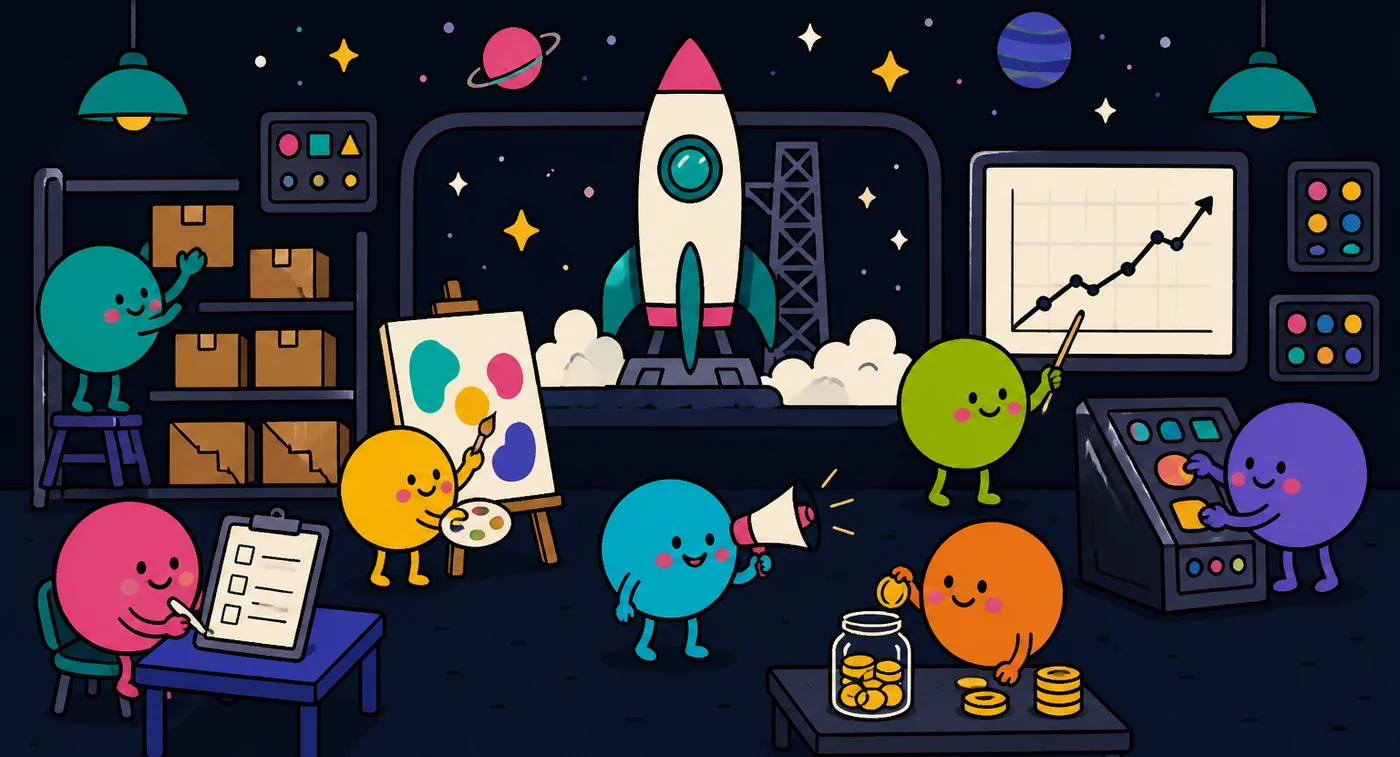 Cartoon crew at work in the LaunchLab mission-control room